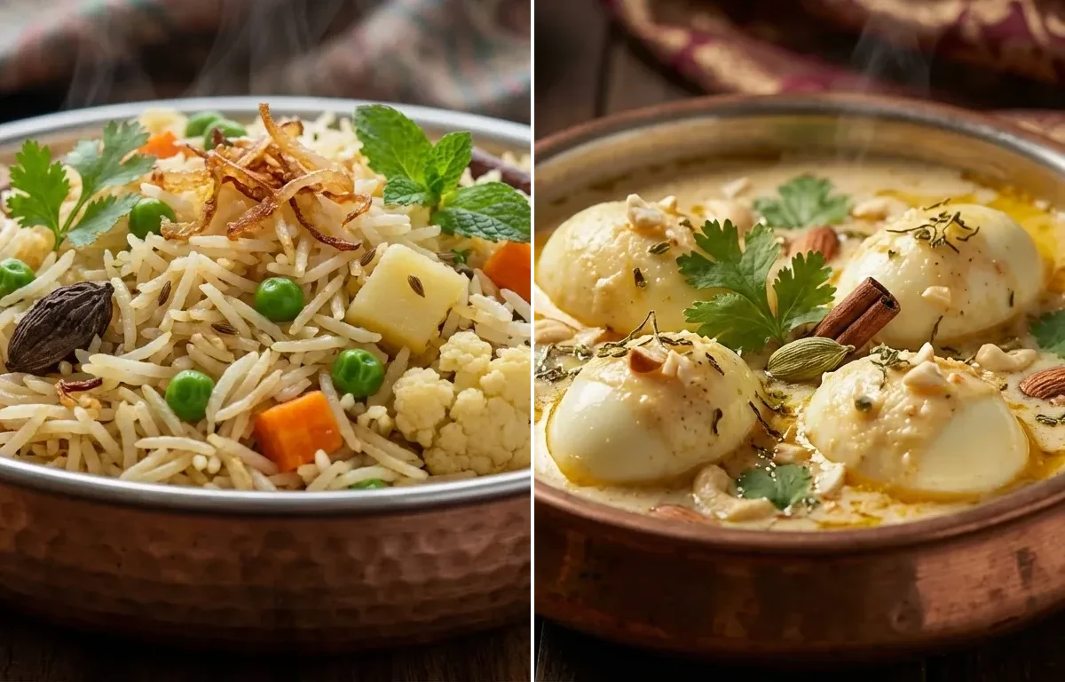 Vegetable Yakhni Pulao with Egg Korma