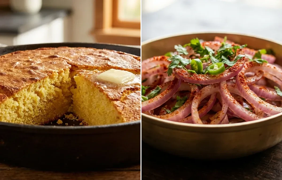 Vegetarian Chili with Cornbread and Onion Salad