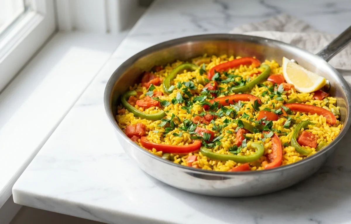 Vegetarian Paella with Artichokes Peas and Saffron