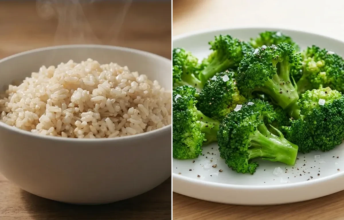 Vegetarian Stuffed Bell Peppers with Brown Rice and Steamed Broccoli