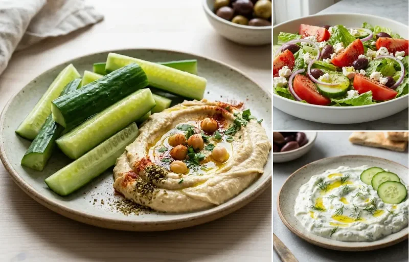 Veggie Frittata with Cooked White Rice Half Cup, Cucumber Sticks Hummus, Greek Salad and Tzatziki Sauce
