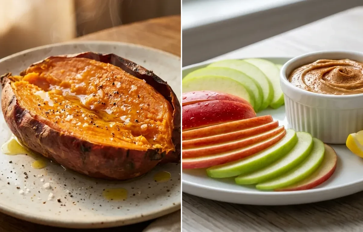 Veggie Frittata with Steamed White Rice, Baked Sweet Potato and Apple Slices With Peanut Butter