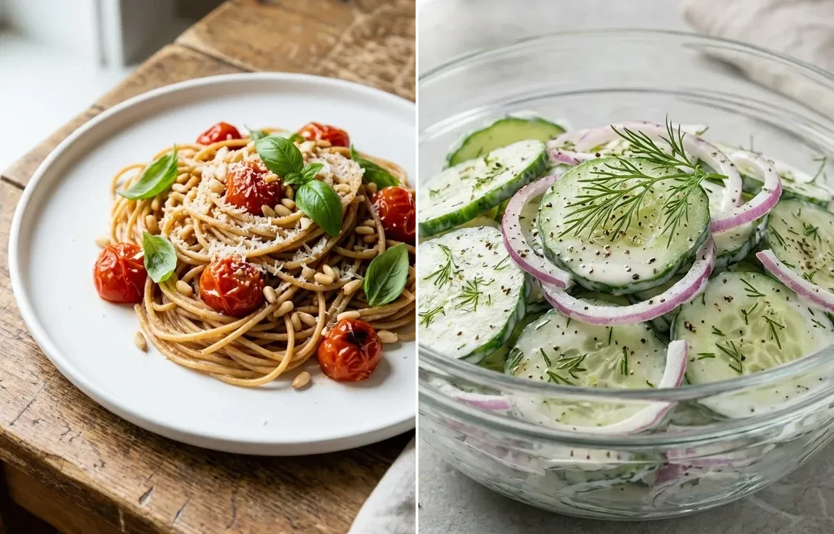 Veggie Meatballs with Marinara Sauce with Whole Wheat Spaghetti and Cucumber Salad
