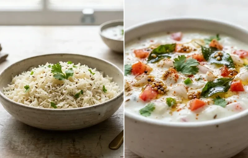 Veggie Omelette with Jeera Rice and Onion Tomato Raita