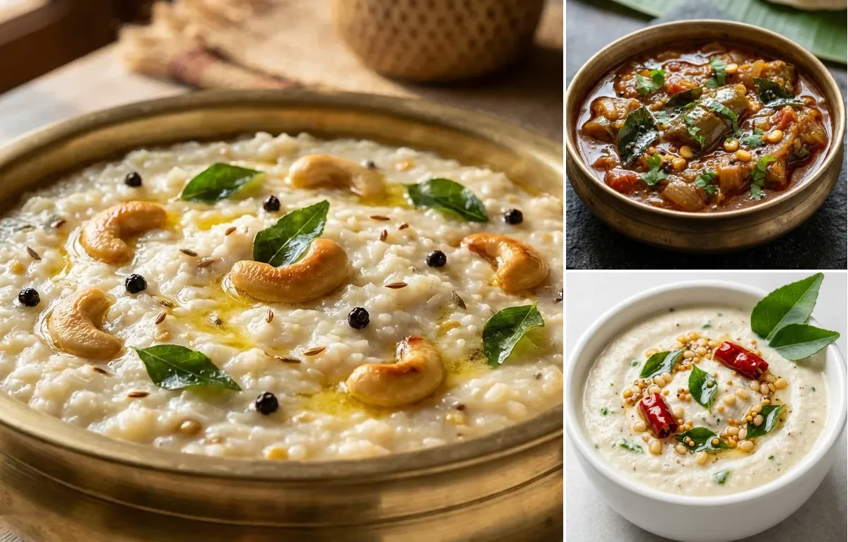 Ven Pongal with Brinjal Gothsu and Coconut Chutney