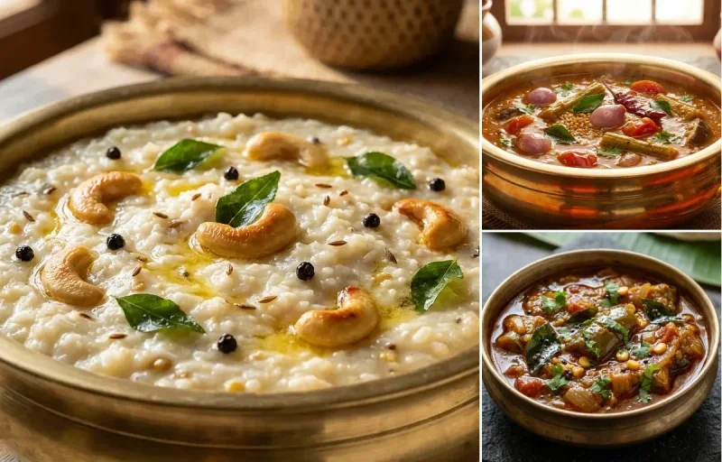 Ven Pongal with Chettinad Sambar and Brinjal Gothsu