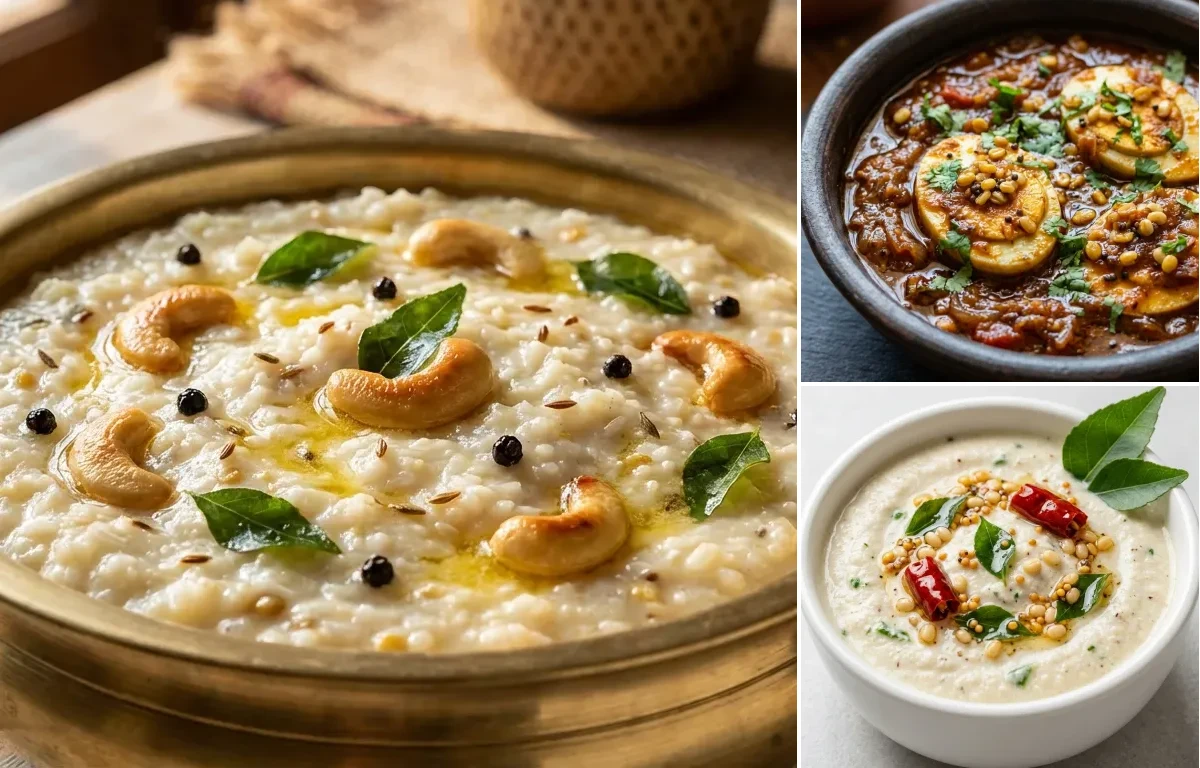 Ven Pongal with Egg Gothsu and Coconut Chutney
