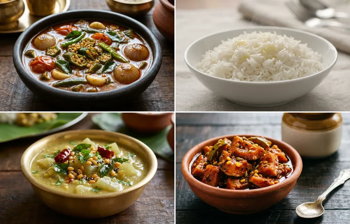 Vendakkai Mandi with Steamed Basmati Rice, Chow Chow Kootu and Mango Pickle