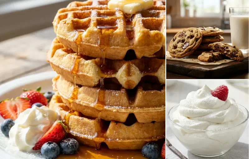 Waffles with Chocolate Chip Cookies and Whipped Cream