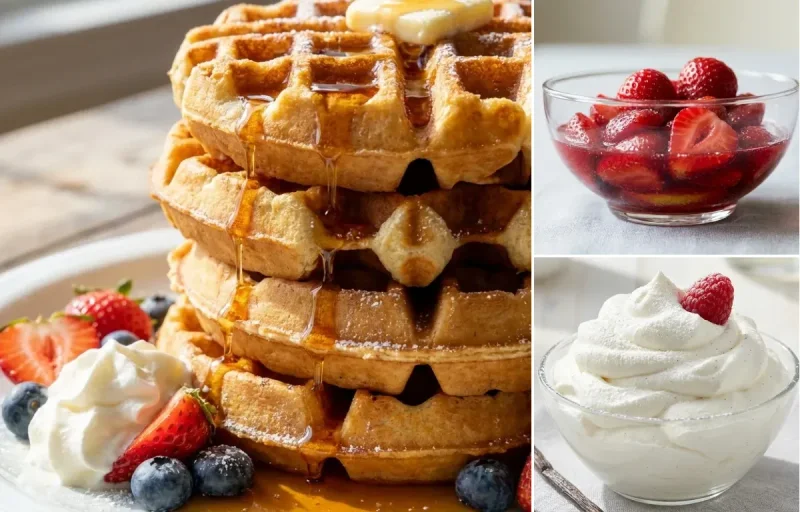 Waffles with Macerated Strawberries and Whipped Cream