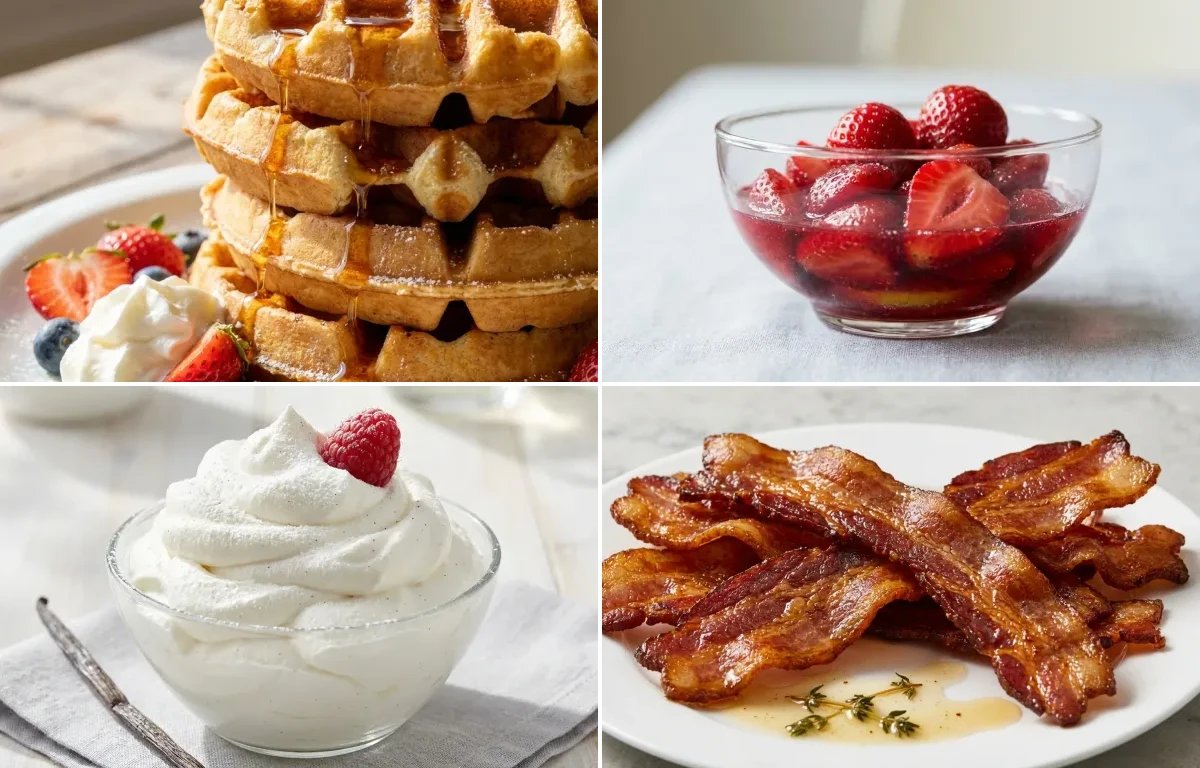 Waffles with Macerated Strawberries, Whipped Cream and Pan-Fried Bacon