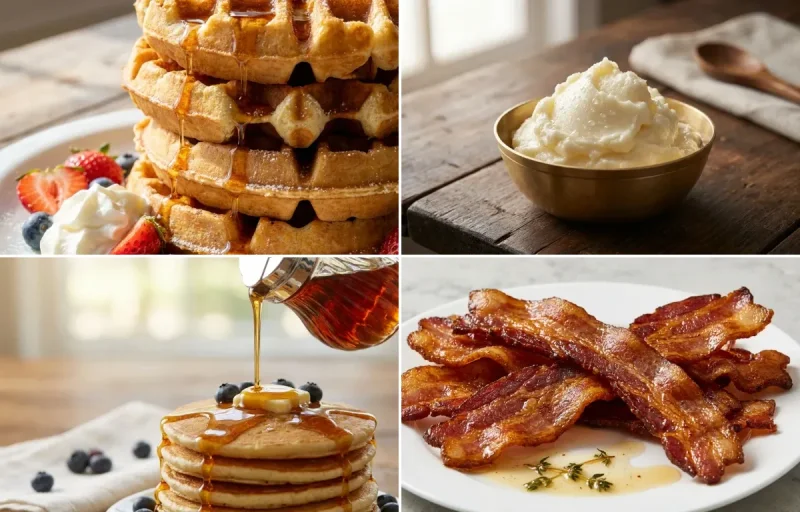 Waffles with White Butter, Pancake Syrup and Pan-Fried Bacon