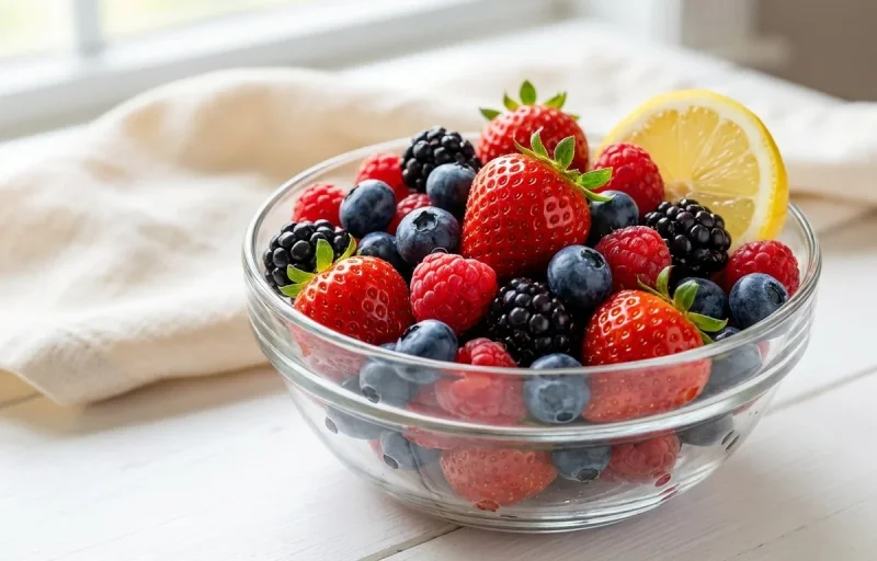 Mixed Fresh Berries with Fresh Papaya and Whole Grain Waffles