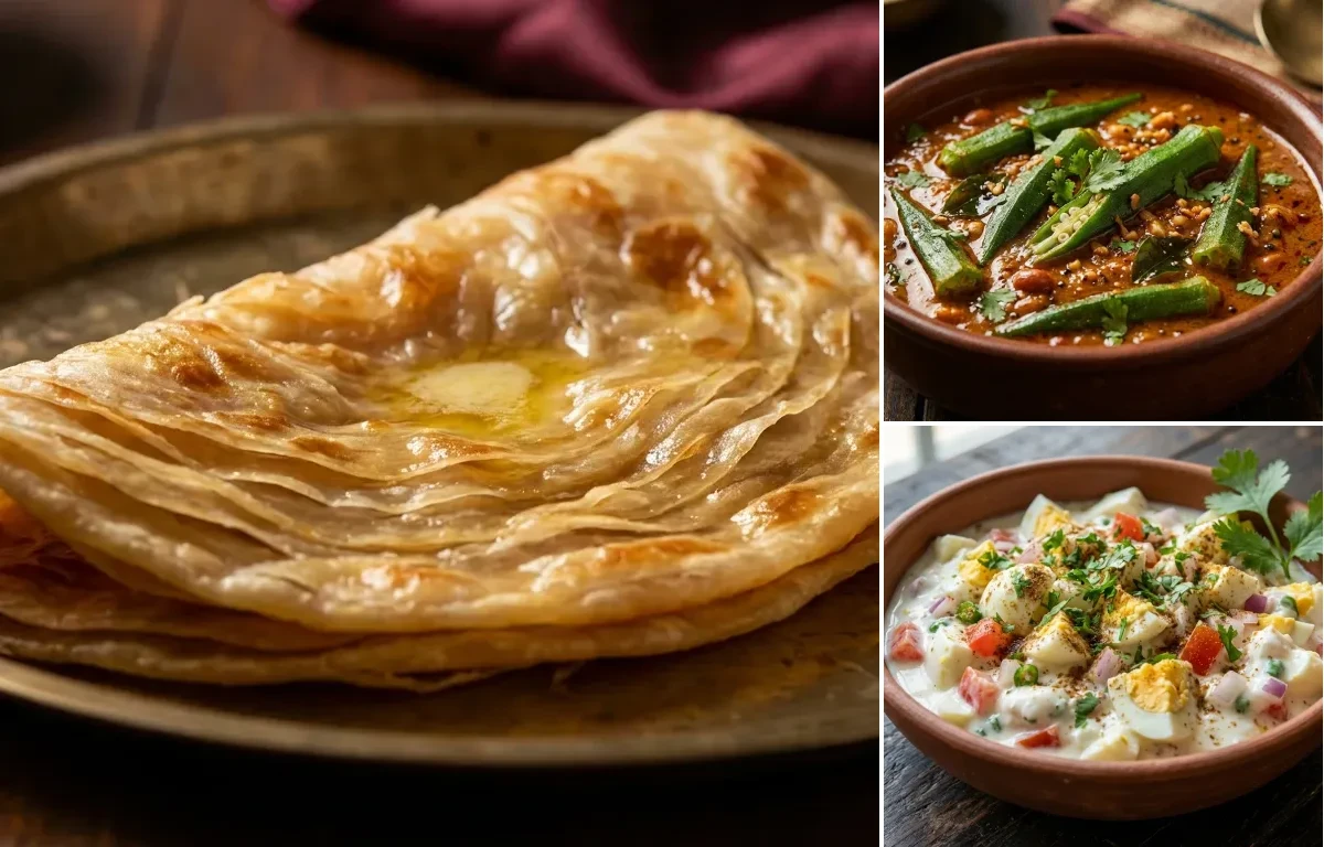 Warqi Paratha with Bhindi Ka Salan and Egg Salad