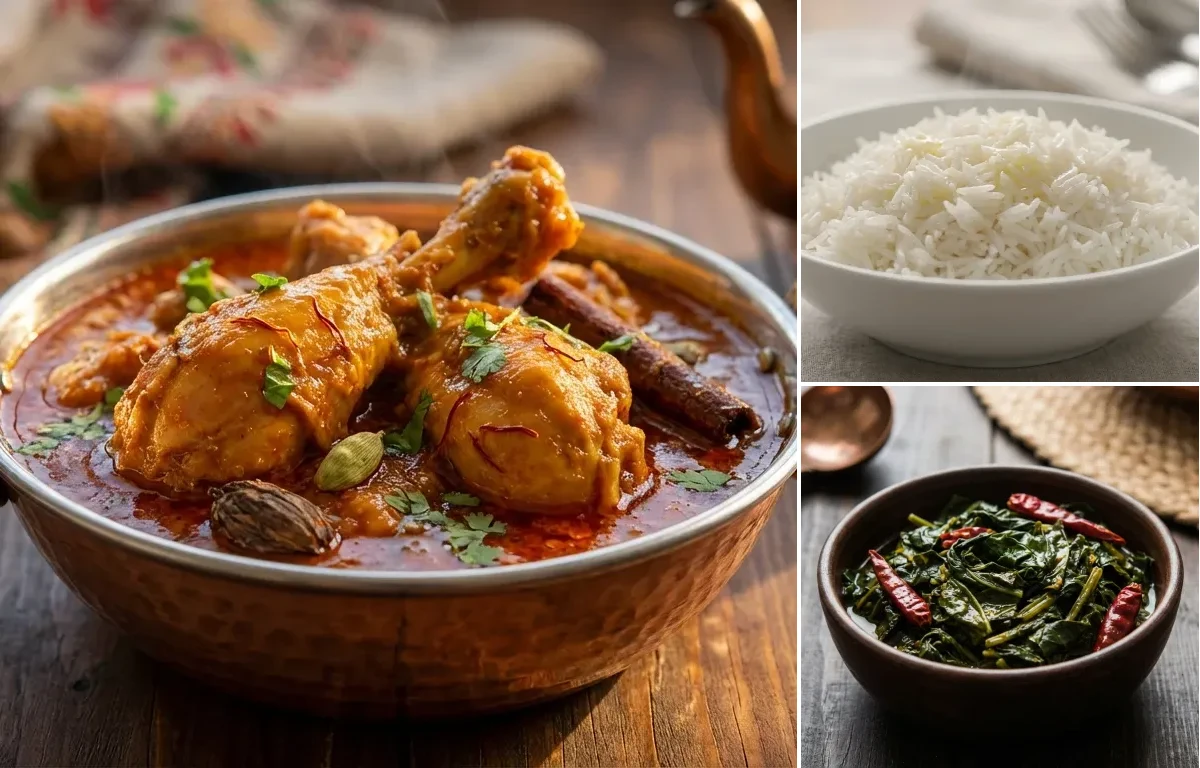 Waza Kokur with Steamed Basmati Rice and Haak Saag