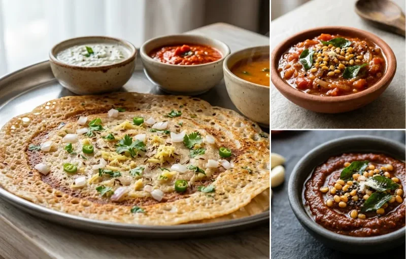 Wheat Dosa with Thakkali Chutney and Poondu Chutney
