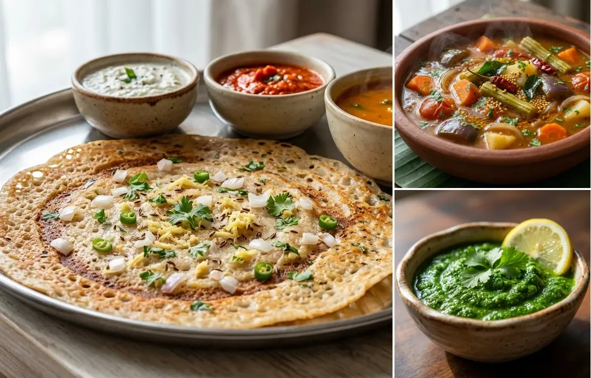 Wheat Dosa with Vegetable Sambar and Coriander Chutney