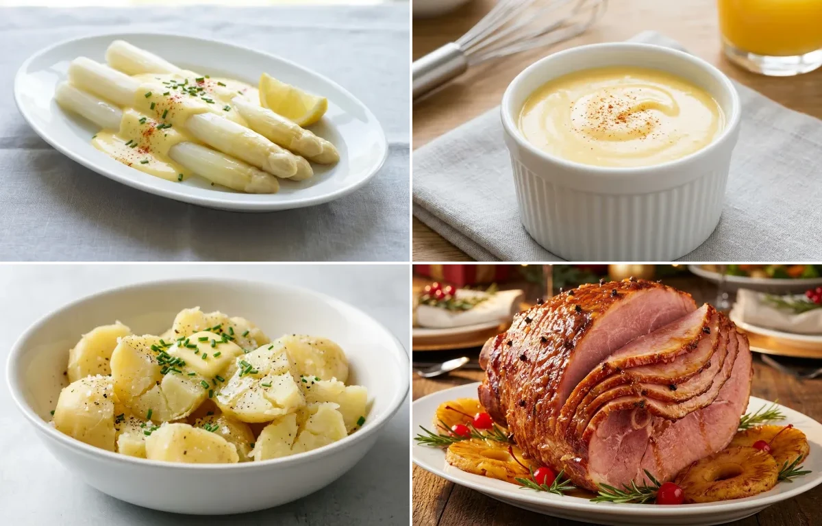 White Asparagus with Hollandaise with Hollandaise Sauce, Boiled Potatoes and Baked Ham