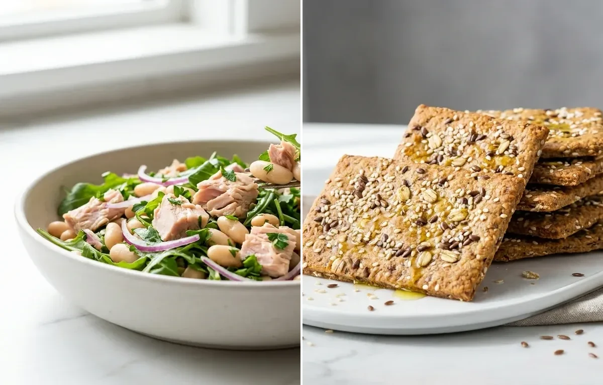 White Bean and Tuna Salad with Arugula with Whole Grain Crackers