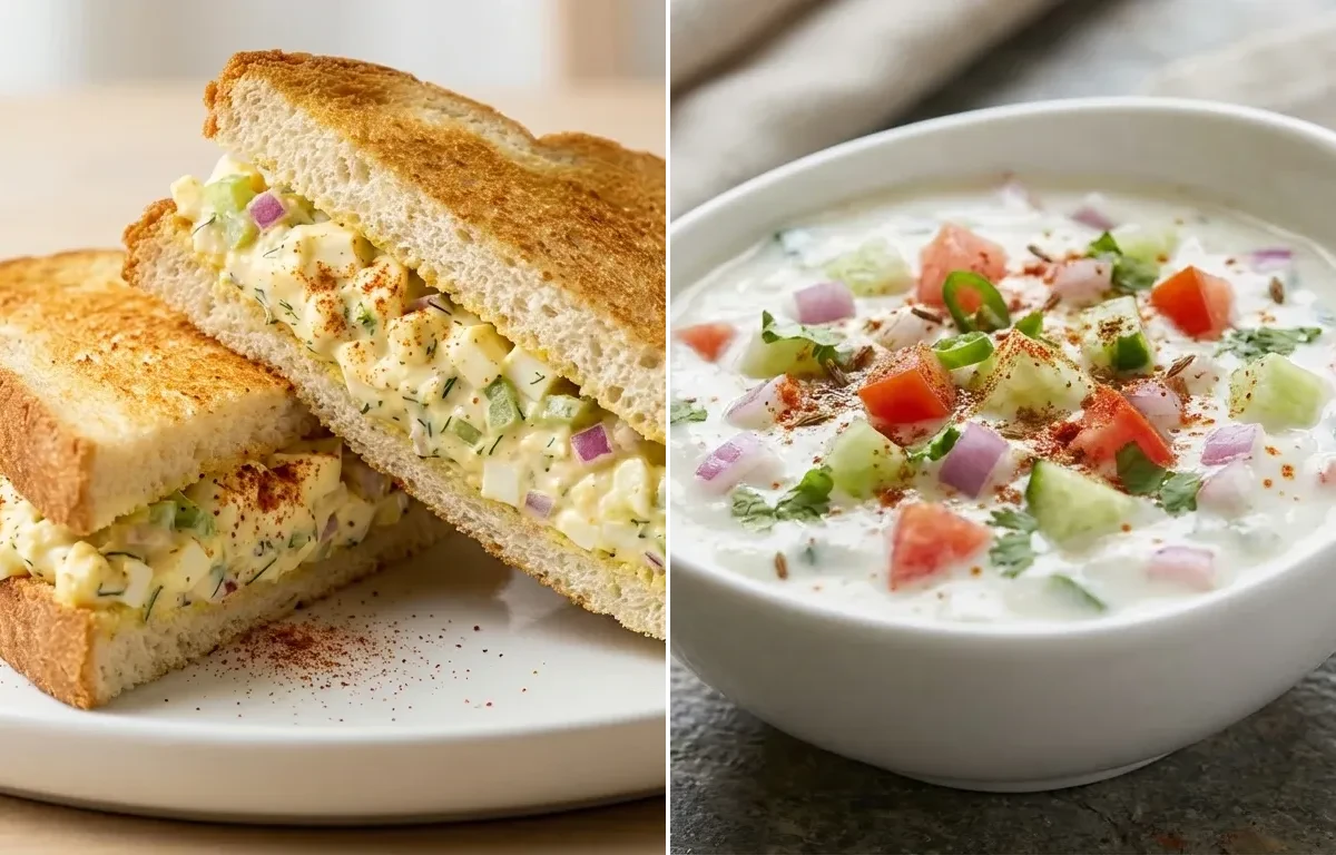 White Bean Butternut Squash Soup with Egg Salad Sandwich and Kachumber Raita