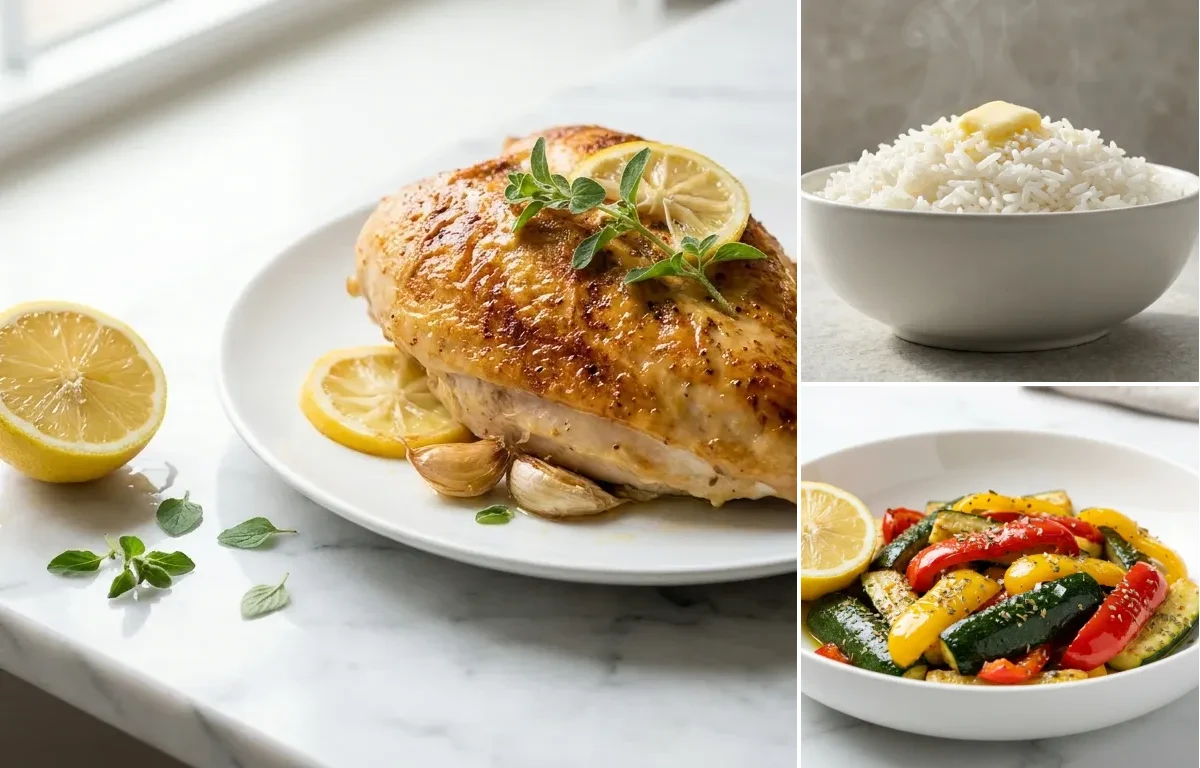 White Rice with Roast Chicken Breast with Lemon and Herbs