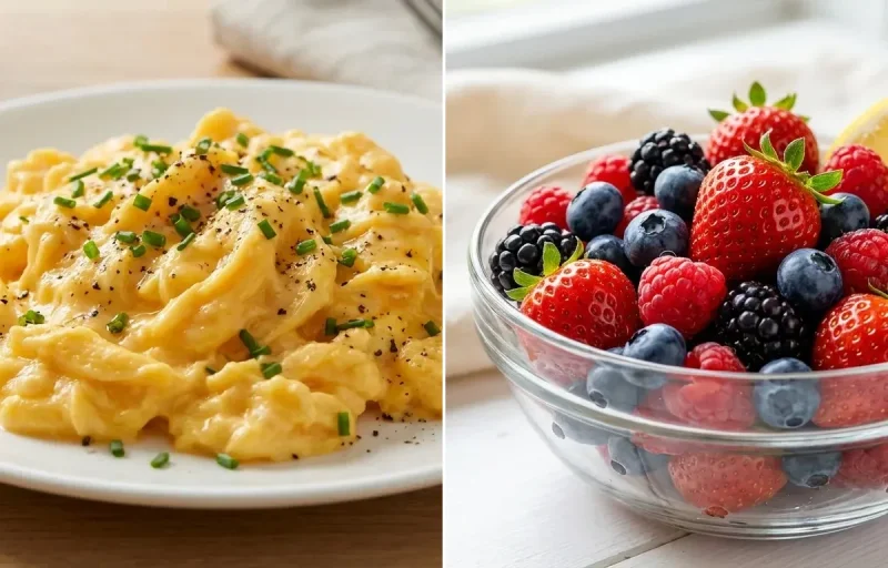 Scrambled Eggs with Mixed Fresh Berries, Greek Yogurt and Whole Wheat Pancakes