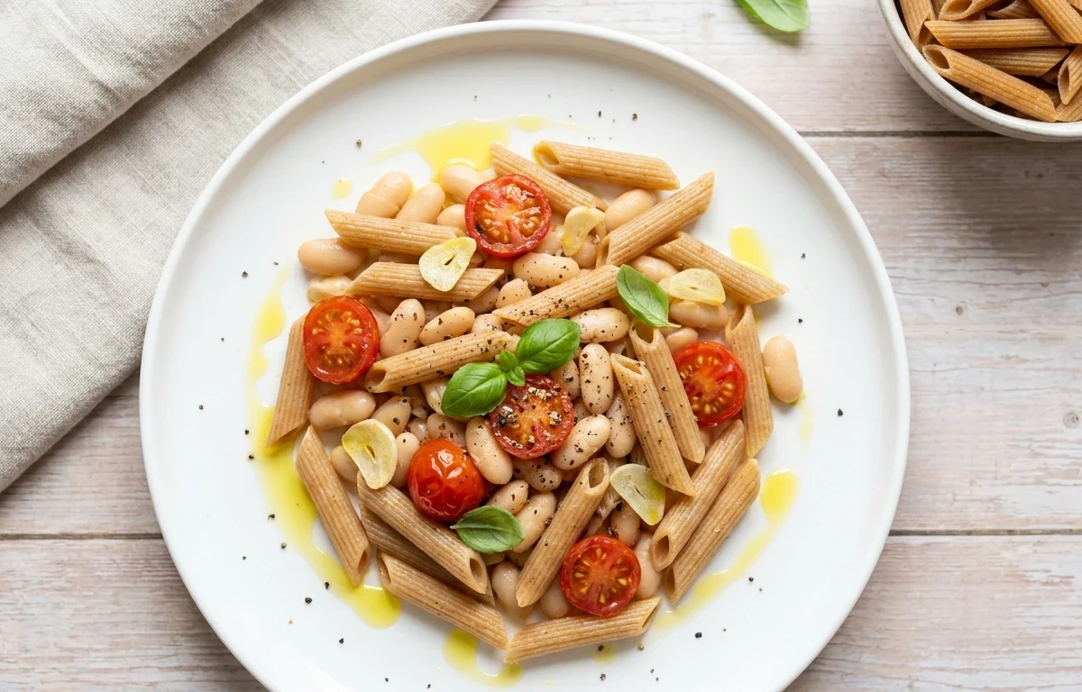 Whole Wheat Pasta with Cherry Tomatoes Cannellini Beans and Basil