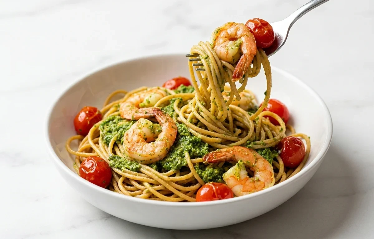 Whole Wheat Pasta with Shrimp Cherry Tomatoes and Dairy Free Pesto