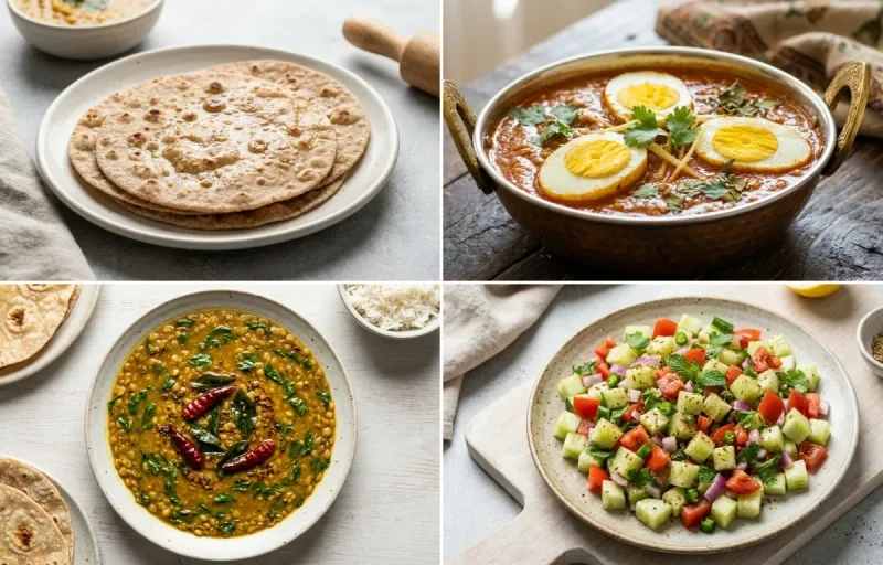 Whole Wheat Roti with Anda Curry, Vegan Methi Dal, Onion Raita and No-Salt Lemon Cucumber Kachumber