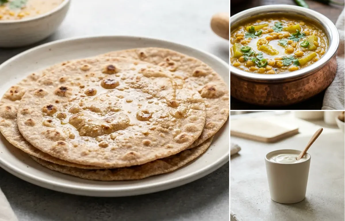 Whole Wheat Roti with Baked Salmon, Lauki Chana Dal, Plain Yogurt Cup and Carrot Cucumber Salad