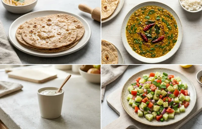 Whole Wheat Roti with Baked Salmon, Vegan Methi Dal, Plain Yogurt Cup and No-Salt Lemon Cucumber Kachumber