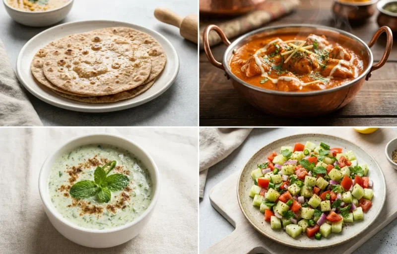 Whole Wheat Roti with Butter Chicken, Palak Dal, Mint Raita and No-Salt Lemon Cucumber Kachumber
