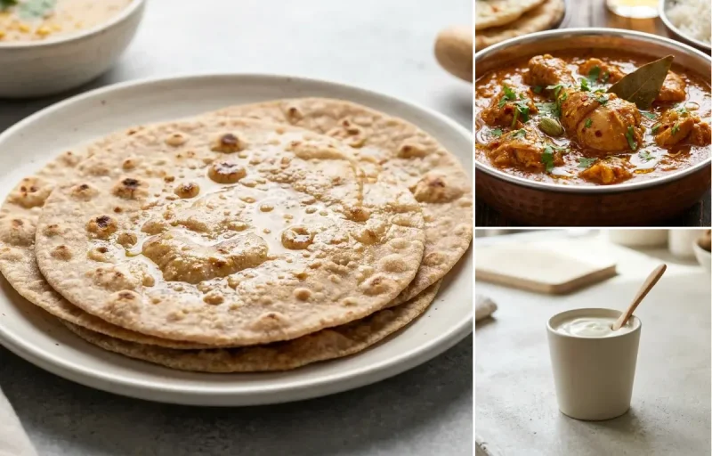 Whole Wheat Roti with Chicken Curry, Paneer Stuffed Moong Dal Chilla, Plain Yogurt Cup and Cucumber Carrot Sticks With Mint Yogurt Dip