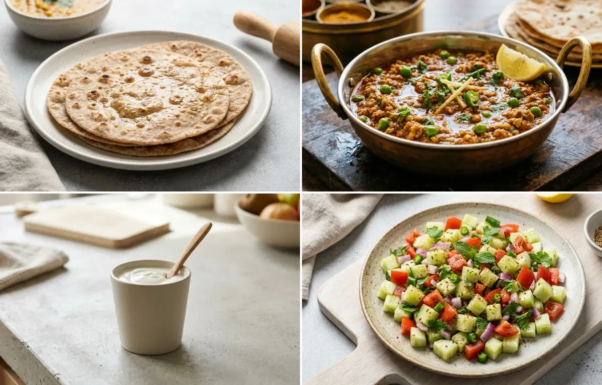 Whole Wheat Roti with Chicken Keema, Toor Dal Tadka, Plain Yogurt Cup and No-Salt Lemon Cucumber Kachumber