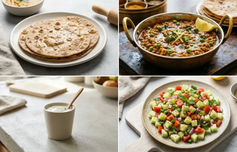 Whole Wheat Roti with Chicken Keema, Toor Dal Tadka, Plain Yogurt Cup and No-Salt Lemon Cucumber Kachumber