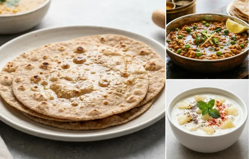 Whole Wheat Roti with Chicken Keema, Yellow Dal Fry, Pineapple Raita and Carrot Cucumber Salad