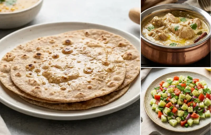 Whole Wheat Roti with Chicken Korma, Cucumber Carrot Sticks With Mint Yogurt Dip and No-Salt Lemon Cucumber Kachumber
