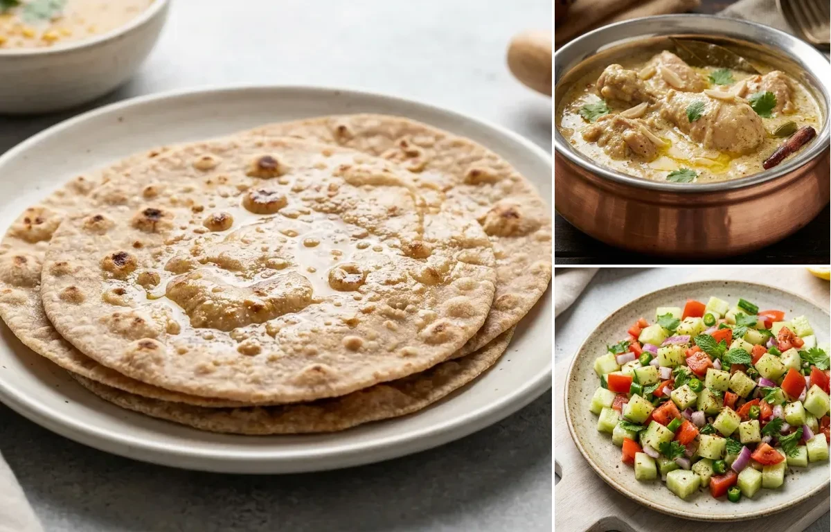 Whole Wheat Roti with Chicken Korma, Vegan Dal Palak, Cucumber Carrot Sticks With Mint Yogurt Dip and No-Salt Lemon Cucumber Kachumber