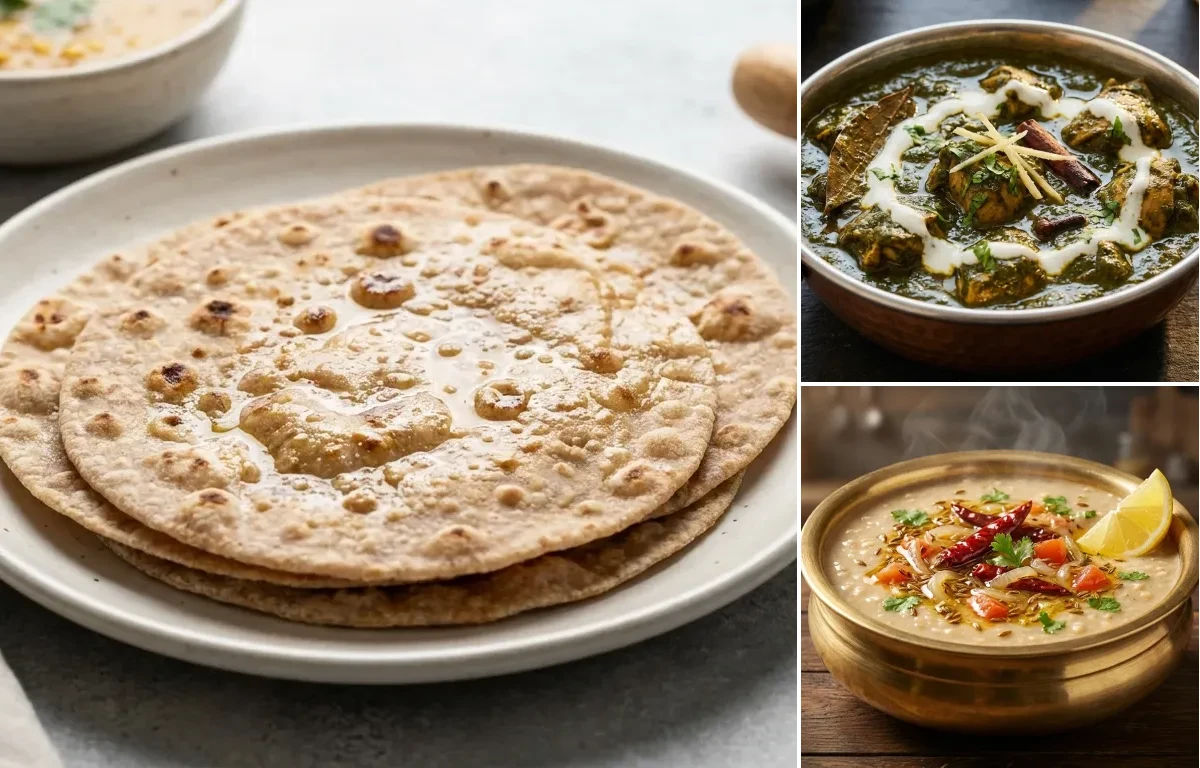 Whole Wheat Roti with Chicken Saag, Urad Dal Tadka, Onion Raita and Carrot Cucumber Salad