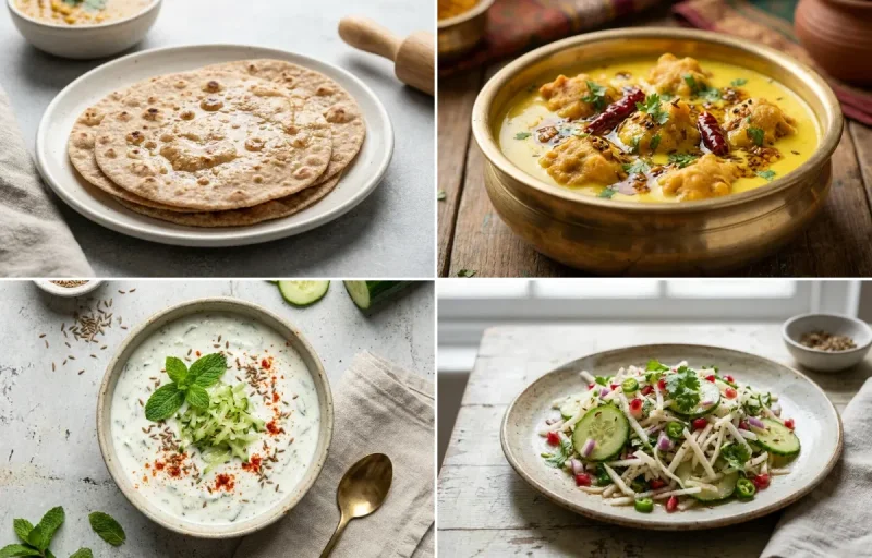 Whole Wheat Roti with Chicken Saute With Vegetables, Kadhi Pakora, Cucumber Mint Raita and Mooli Cucumber Salad