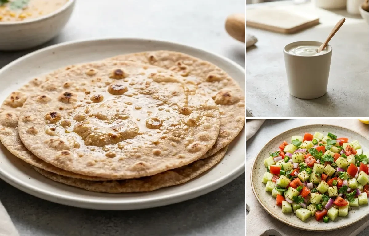 Whole Wheat Roti with Chicken Saute With Vegetables, Toor Dal Tadka, Plain Yogurt Cup and No-Salt Lemon Cucumber Kachumber