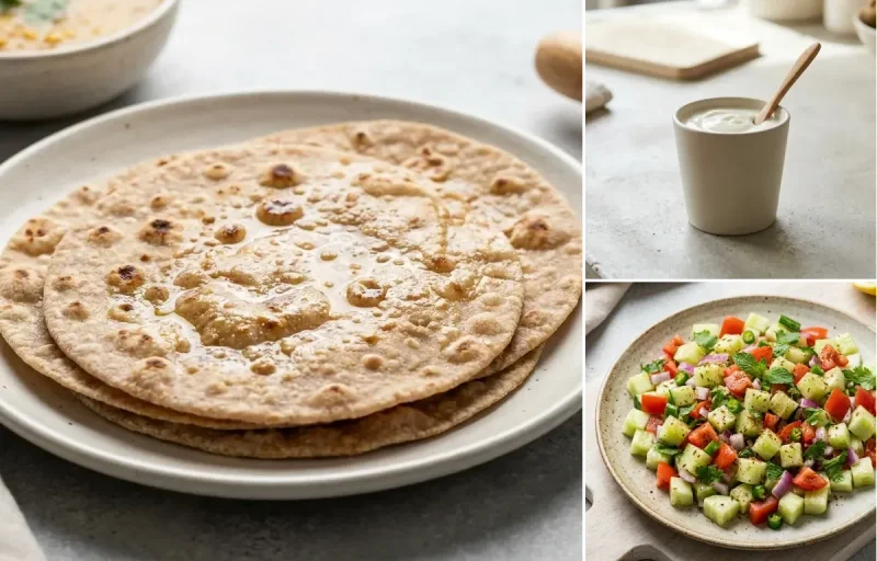 Whole Wheat Roti with Chicken Saute With Vegetables, Toor Dal Tadka, Plain Yogurt Cup and No-Salt Lemon Cucumber Kachumber