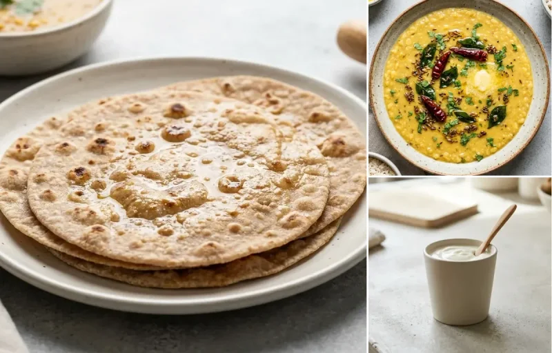 Whole Wheat Roti with Chicken Saute With Vegetables, Vegan Toor Dal, Plain Yogurt Cup and Cucumber Carrot Sticks With Mint Yogurt Dip