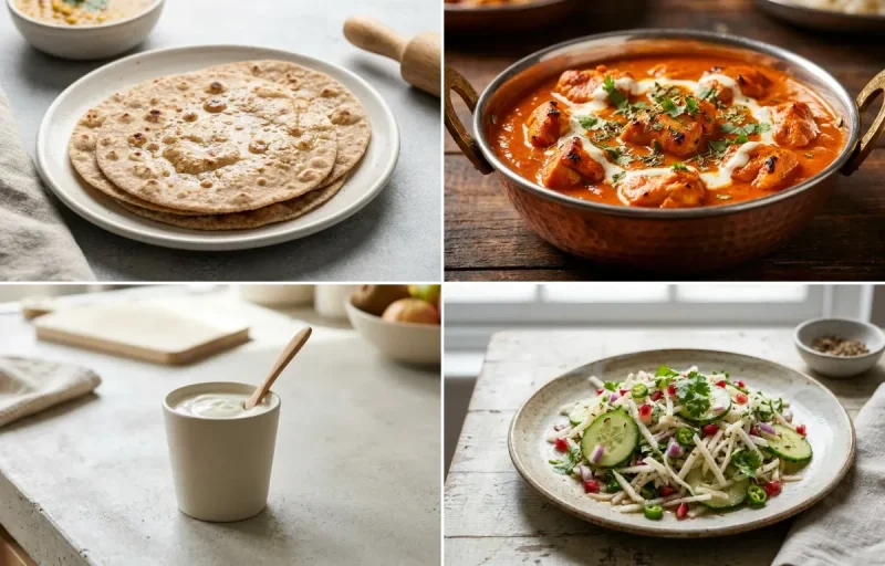 Whole Wheat Roti with Chicken Tikka Masala, Plain Yogurt Cup and Mooli Cucumber Salad