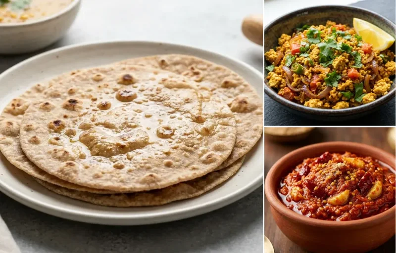 Whole Wheat Roti with Cucumber Carrot Sticks With Mint Yogurt Dip, Tofu Bhurji, Yogurt With Fruit and Garlic Chutney
