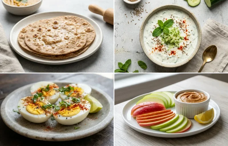 Whole Wheat Roti with Cucumber Mint Raita, Boiled Eggs, Apple Slices With Peanut Butter and Tamarind Date Chutney