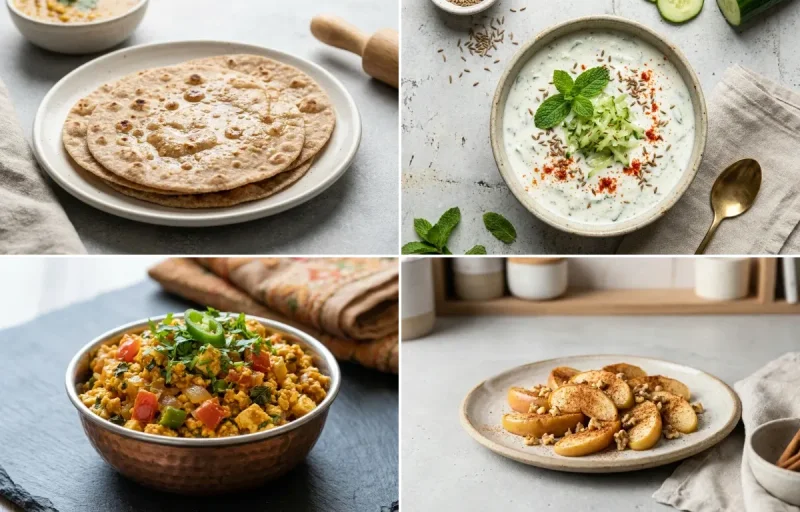 Whole Wheat Roti with Cucumber Mint Raita, Paneer Bhurji, Apple With Cinnamon and Mint Yogurt Chutney