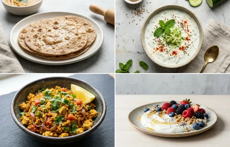 Whole Wheat Roti with Cucumber Mint Raita, Tofu Bhurji, Yogurt Berry Bowl and Mint Coriander Chutney No-Salt