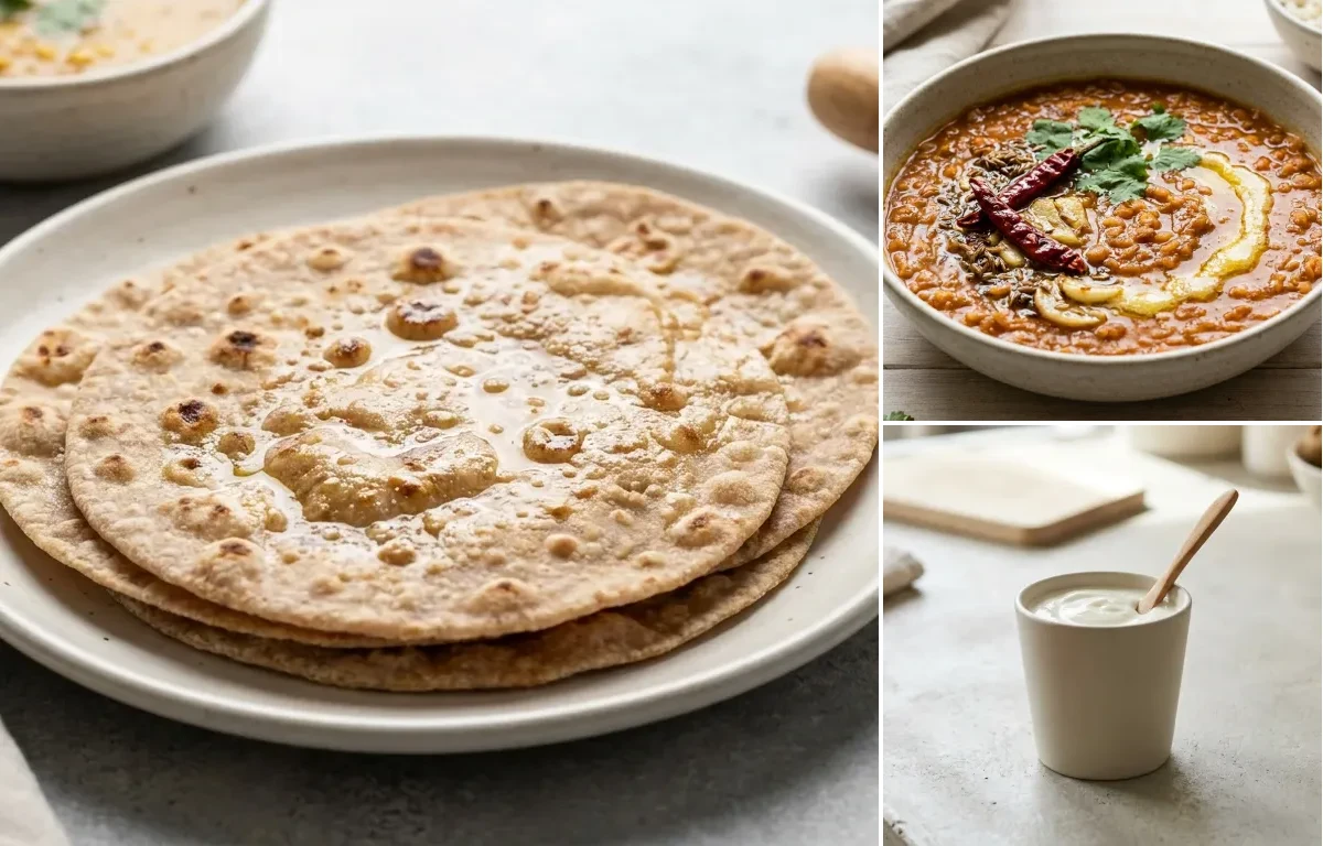 Whole Wheat Roti with Kadhi, Masoor Dal, Plain Yogurt Cup and Cucumber Carrot Sticks With Mint Yogurt Dip