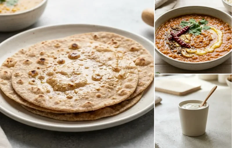 Whole Wheat Roti with Kadhi, Masoor Dal, Plain Yogurt Cup and Cucumber Carrot Sticks With Mint Yogurt Dip
